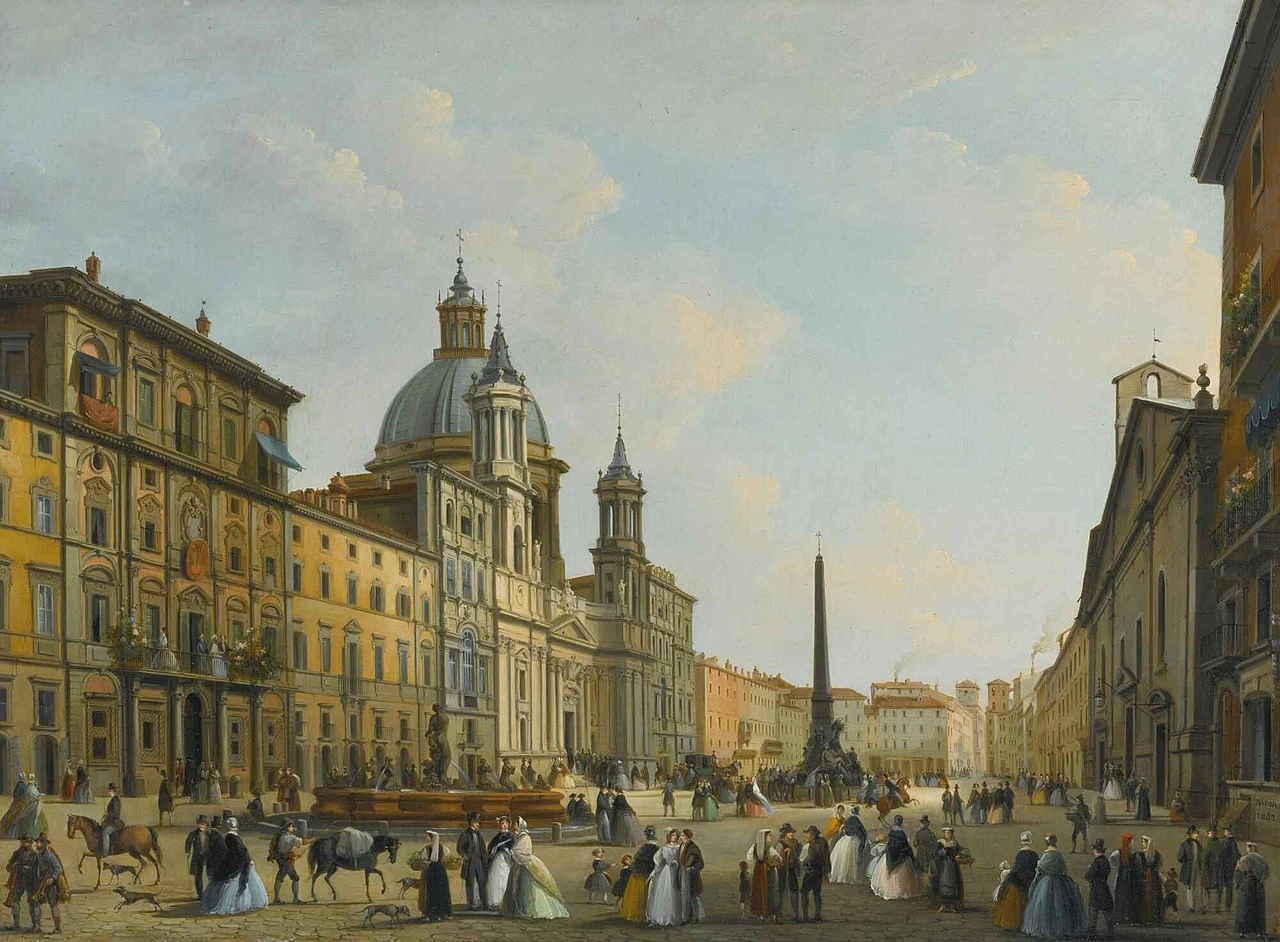 Roma, veduta di Piazza Navona con figure elegantemente vestite